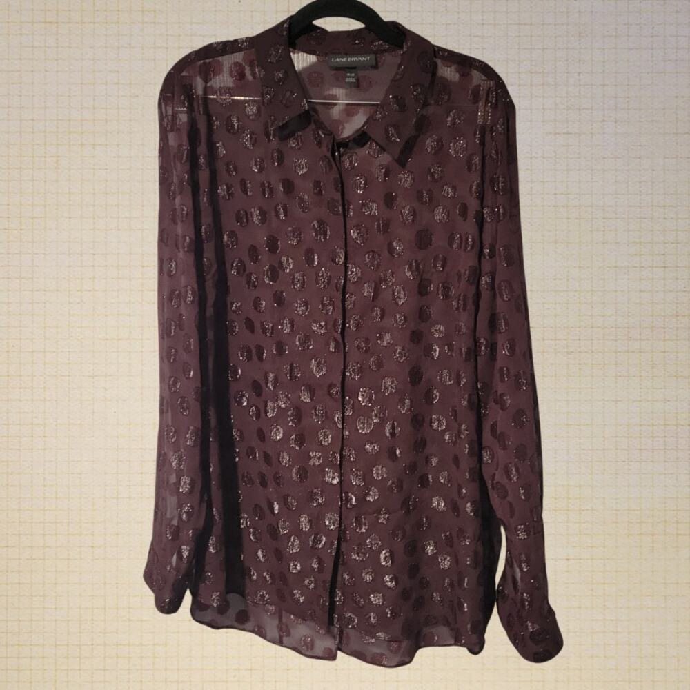 Modern Sheer Polka Dot Blouse Lane Bryant Size 18-20 Flowing Silhouette Slit Hem